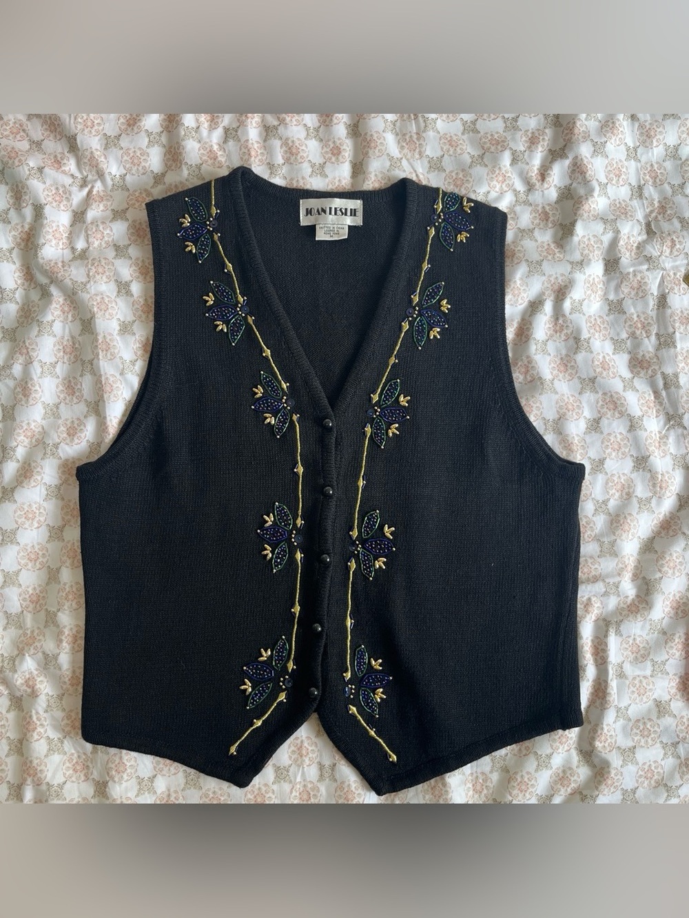 Vintage Joan Leslie black embroidered vest grandpa chic cottage core women’s